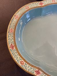 A pair of Chinese ruby-ground quatrefoil dishes, probably Jiaqing