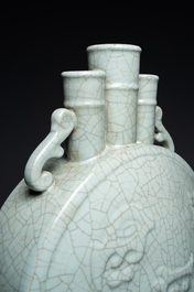 A large Chinese ge-type crackle-glazed triple-neck moonflask vase with Daoist emblems, 'bianhu', Yongzheng mark and possibly of the period