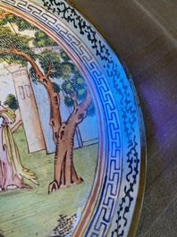 A Chinese Canton enamel dish with a European tea scene and one with ladies and boys, 18/19th C.