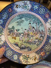 A Chinese Canton enamel dish with a European tea scene and one with ladies and boys, 18/19th C.