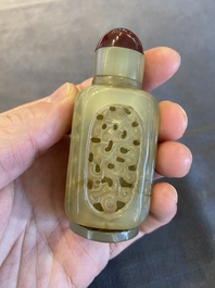 A Chinese reticulated and movable celadon jade snuff bottle, Qing