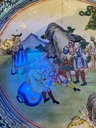 A Chinese Canton enamel dish with a European tea scene and one with ladies and boys, 18/19th C.