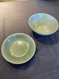 A Chinese Longquan celadon 'lotus' bowl and a dish, Song or later