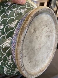 A large Chinese celadon-ground famille rose 'hu' vase with dragons, 19th C.