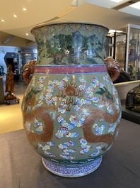 A large Chinese celadon-ground famille rose 'hu' vase with dragons, 19th C.