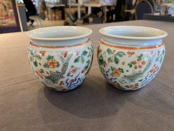 Paire de petites jardini&egrave;res en porcelaine de Chine wucai &agrave; d&eacute;cor de carpes, 19&egrave;me