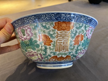 A Chinese famille rose 'Shou' bowl, Qianlong mark, 19th C.