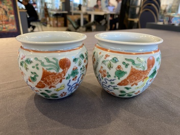 Paire de petites jardini&egrave;res en porcelaine de Chine wucai &agrave; d&eacute;cor de carpes, 19&egrave;me