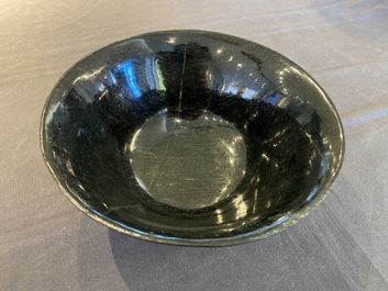 A Chinese dark moss green jade bowl, Qing