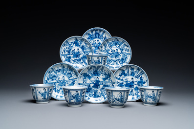 Zes Chinese blauw-witte schotels en vijf koppen, Qi Yu Tang Zhi 奇玉堂製 merk, Kangxi