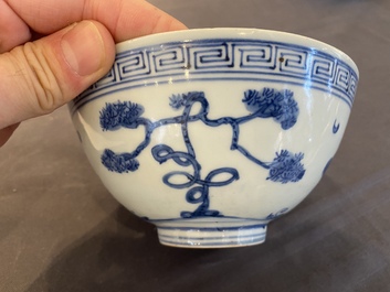 A Chinese blue and white 'Shou' bowl, Chang Ming Fu Gui 長命富貴 merk, Jiajing