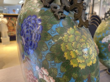 A pair of Chinese cloisonn&eacute; 'moonflask' vases, bianhu, Jiaqing