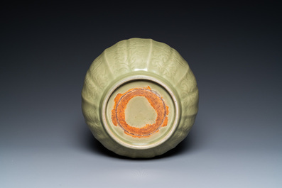 A large Chinese Longquan celadon bowl with underglaze lotus design, Ming