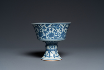 A Chinese blue and white 'Lan&ccedil;a' stem cup, Qianlong mark, 19th C.