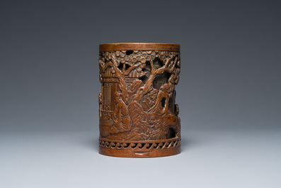 A Chinese double-walled bronze brush pot, Xuande mark, Qing