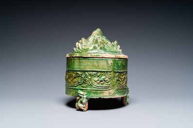 A Chinese green-glazed 'mountain' censer and cover, Eastern Han Dynasty