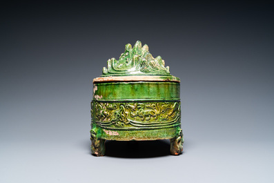 A Chinese green-glazed 'mountain' censer and cover, Eastern Han Dynasty