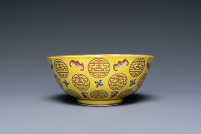 A Chinese yellow-ground 'Bats and Shou' bowl, Guangxu mark, Republic