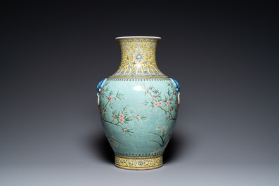 A large Chinese Dayazhai-style turquoise-ground vase, Yong Qing Chang Chun mark, 19/20th C.