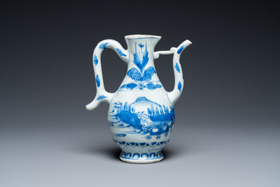 A Chinese blue and white ewer with a fisherman in a landscape, Transitional period