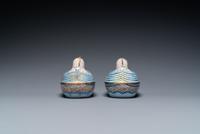 A pair of Chinese Canton enamel censers and covers in the shape of ducks, 19th C.