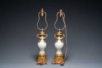 A pair of Chinese gilt bronze-mounted crackle-glazed vases, 18th C.