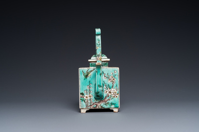 A square Chinese turquoise-ground verte biscuit teapot and cover, Kangxi