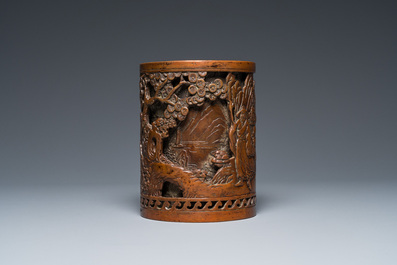 Pot &agrave; pinceaux en bronze &agrave; double parois, Chine, marque de Xuande, Qing