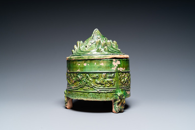 A Chinese green-glazed 'mountain' censer and cover, Eastern Han Dynasty