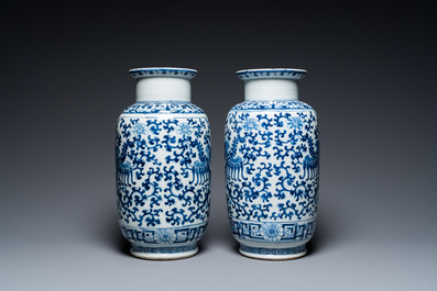 A pair of Chinese blue and white 'phoenix' vases, Kangxi mark, 19th C.