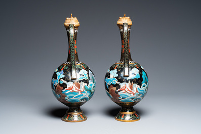 A pair of Chinese cloisonn&eacute; 'mythical beasts' ewers with zoomorph gilt covers, Qing