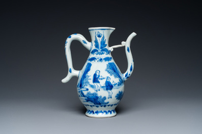 A Chinese blue and white ewer with figures in a landscape, Transitional period