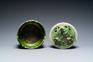 A Chinese green-glazed 'mountain' censer and cover, Eastern Han Dynasty