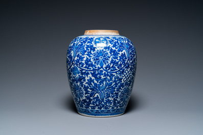 A Chinese blue and white 'lotus scroll' jar, 19th C.