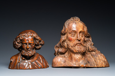 Two carved wooden busts of saints, Italy or France, 17th C.