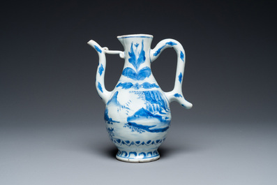 A Chinese blue and white ewer with a fisherman in a landscape, Transitional period