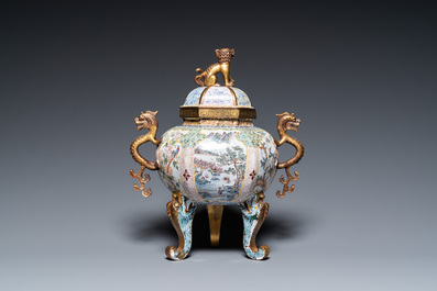 A large Chinese Canton enamel censer and cover, Qianlong mark, 19th C.