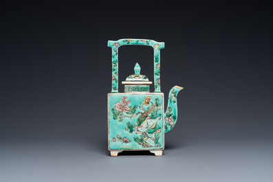 A square Chinese turquoise-ground verte biscuit teapot and cover, Kangxi