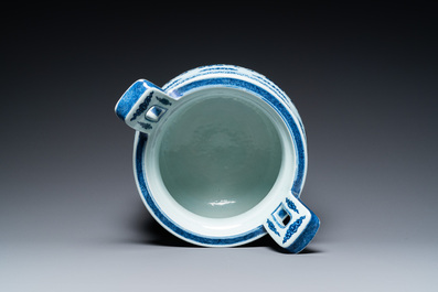 A large Chinese blue and white 'bajixiang' tripod censer with lotus scrolls, Qianlong