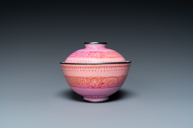 A Chinese silver-mounted puce-enamelled pink-ground bowl and cover, Qianlong mark and of the period