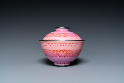 A Chinese silver-mounted puce-enamelled pink-ground bowl and cover, Qianlong mark and of the period