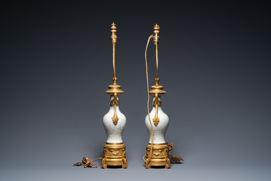 A pair of Chinese gilt bronze-mounted crackle-glazed vases, 18th C.
