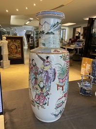A fine Chinese famille rose rouleau vase with narrative scene, 19th C.
