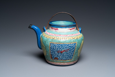 A Chinese enamelled Yixing stoneware teapot and cover, 19th C.