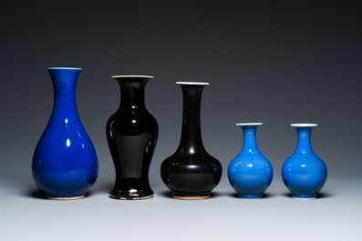 Five Chinese monochrome black- and blue-glazed vases, 19/20th C.