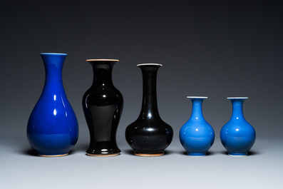 Five Chinese monochrome black- and blue-glazed vases, 19/20th C.
