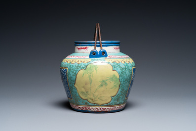A Chinese enamelled Yixing stoneware teapot and cover, 19th C.