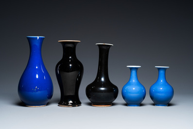 Five Chinese monochrome black- and blue-glazed vases, 19/20th C.