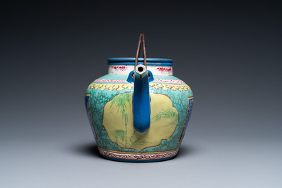 A Chinese enamelled Yixing stoneware teapot and cover, 19th C.