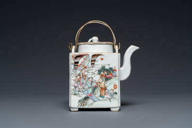 A square Chinese famille rose 'scholars' teapot, signed Jiang Yuqing 蔣玉卿, Tongzhi mark and of the period